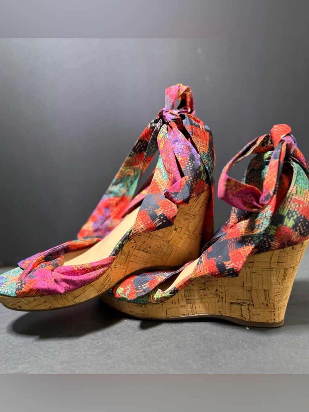 Tie-Ankle Multicolor Open-Toe ankle wrap platform cork wedge heels by Impo Olani - Picture 3 of 7